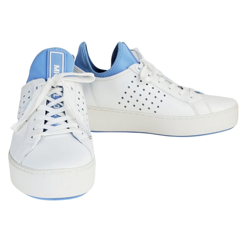 New Michael kors ace lace up lasered leather sneakers white pale blue - Picture 3 of 15